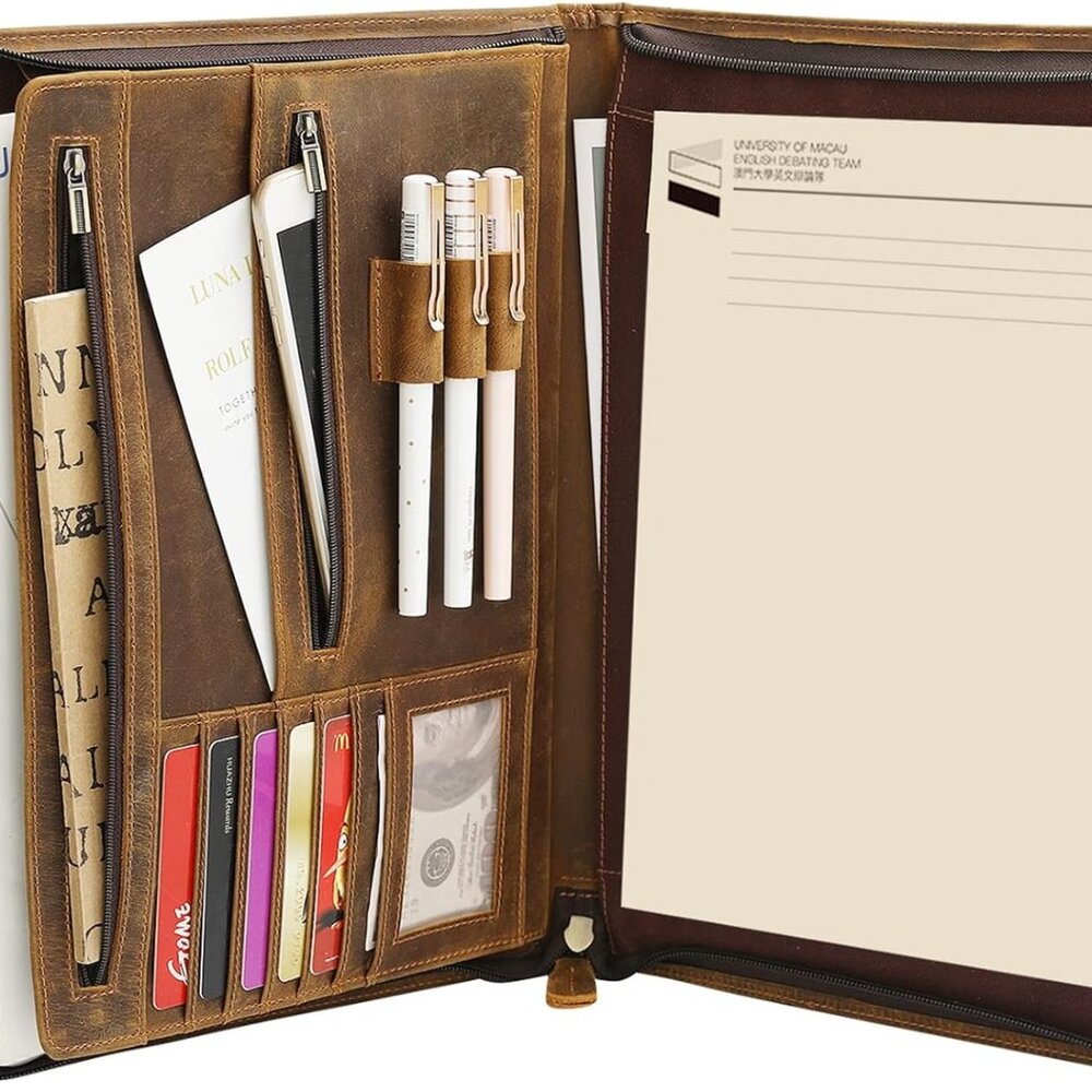 Genuine Leather Portfolio With Zipper For Men Women, Padfolio Business Resume A4